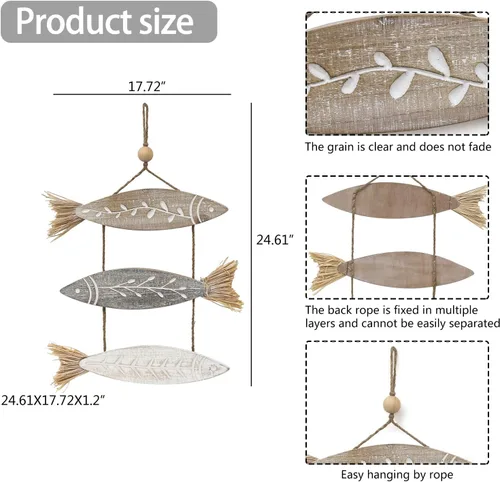 Vista 2 de Asense Decoración rústica de pared de madera para colgar en la pared, escultura para colgar en la pared, decoración del hogar, 3 peces