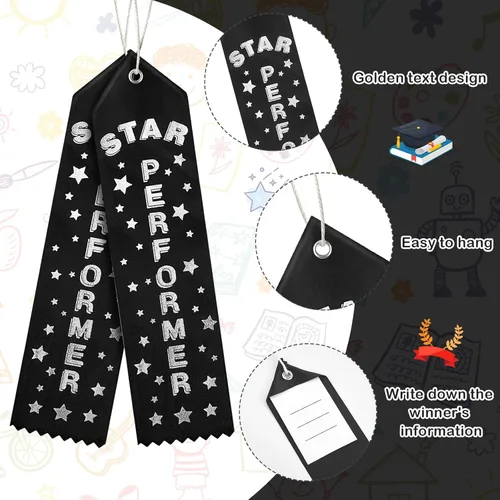 Vista 3 de Tigeen 100 cintas de premio Black Star Performer con mención honorífica con tarjeta de evento y cuerda de participación de medalla de premio
