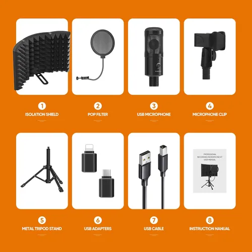 Vista 6 de Escudo de aislamiento de micrófono de grabación de estudio con filtro pop y soporte de trípode de metal, micrófono de estudio a PC, portátil