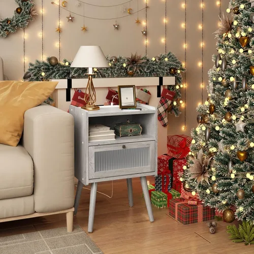 Vista 48 de Mesita de noche moderna de mediados de siglo con estación de carga, mesitas de noche con cajón de cristal, mesa auxiliar con espacio