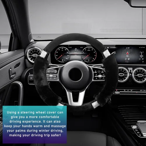 Vista 4 de Funda mullida para volante de automóvil con diamantes de imitación, cómoda funda antideslizante para volante de lana sintética, protector suave
