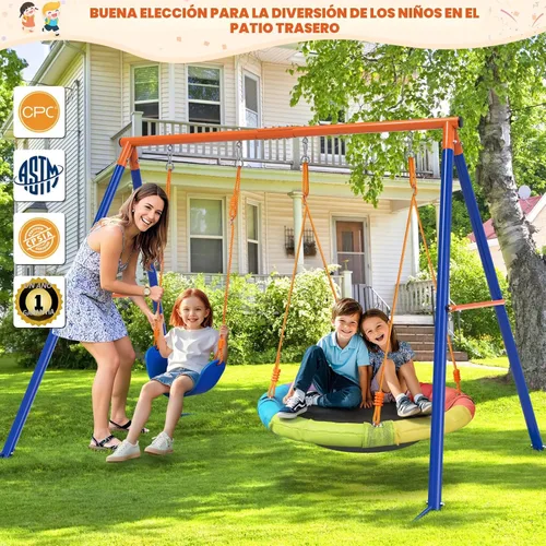 Vista 6 de Amictoy Juego de columpios para patio trasero con soporte, juego de metal resistente con marco en A de 440 libras con columpio de platillo de 32