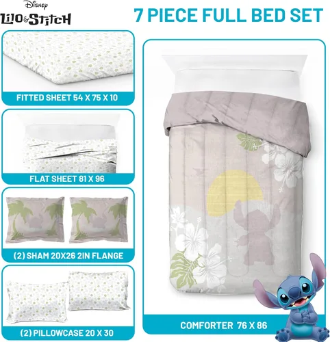 Vista 3 de Jay Franco Disney Lilo and Stitch - Juego de edredón tamaño Full, ropa de cama de 7 piezas, incluye juego de sábanas y fundas de almohada, ropa
