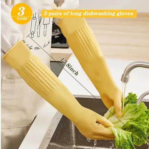 Vista 2 de 3 pares de guantes de 17.8 pulgadas de longitud con codo de goma reutilizables, impermeables, para limpieza del hogar y cocina, tamaño pequeño