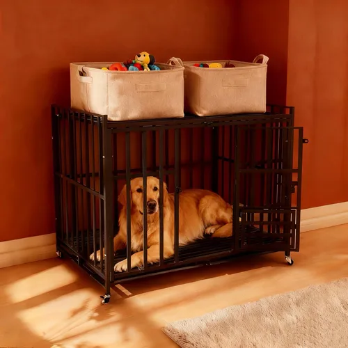 Vista 5 de Jaula de perro indestructible resistente de 48/43/42 pulgadas para perros grandes, perrera de acero a prueba de fugas para perros grandes y de alta
