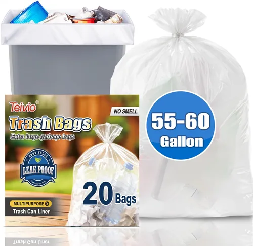 Teivio Bolsas de basura grandes transparentes de 55 a 60 galones, 20 unidades para bolsas de basura multiusos de 50, 55 y 60 galones, bolsas de