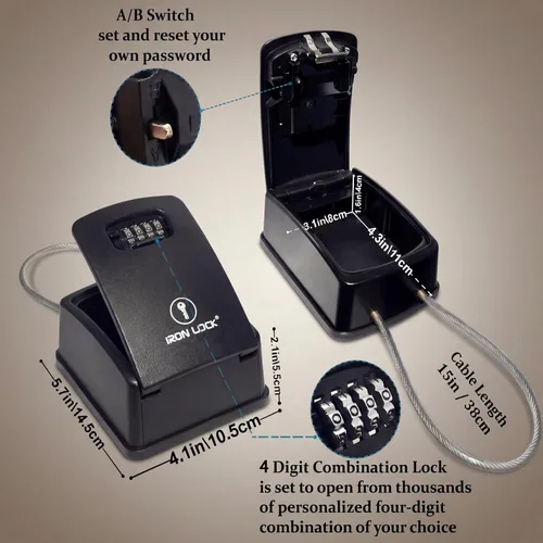 Vista 3 de Iron Lock Caja de bloqueo de llave portátil con grillete de cable y montaje en pared, caja de metal resistente al agua para llaves con código