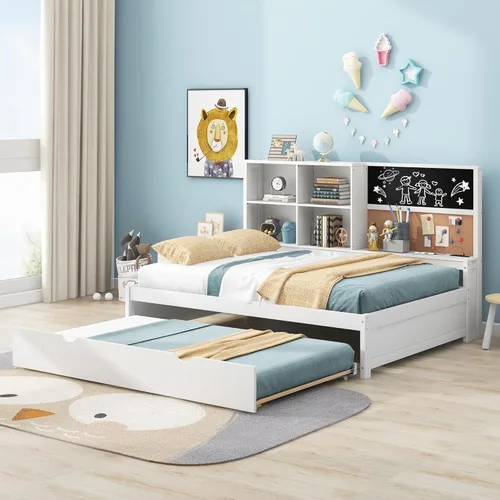 Vista 4 de Melpomene Cama de tamaño matrimonial con cama nido de tamaño individual, puertos USB y estanterías, cama de madera con pizarra y tablero de corcho