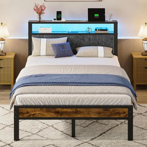 Liians Estructura de cama de plataforma tamaño completo con luces LED, estación de carga, cabecera tapizada gris con estantes de almacenamiento de 2