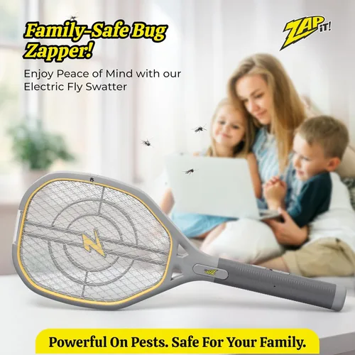 Vista 5 de ZAP IT! Raqueta matamoscas eléctrica recargable, matamoscas de 4,000 voltios con carga USB y luz LED, grande, raqueta segura de malla de 3 capas