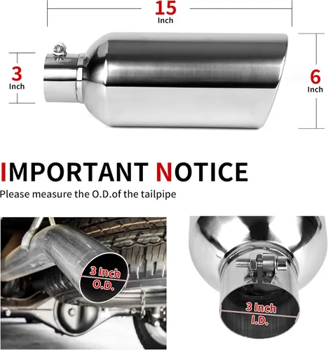 Vista 2 de Richeer Punta de escape de entrada de 3 pulgadas, salida de 6 pulgadas, longitud total de 15 pulgadas, punta de escape de acero inoxidable