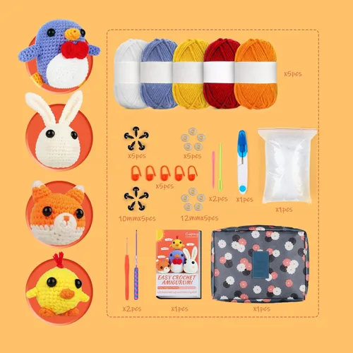 Vista 6 de Kit de Ganchillo Coopay para Principiantes: Kit de Animales de Ganchillo 4 en 1 - Pingüino, Pollito, Conejo y Zorro, Set de Ganchillo Kit de Inicio