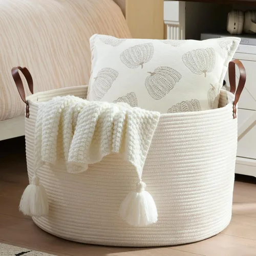Vista 11 de Luxury Little Cesta de Almacenamiento Extra Grande para Guardería, 22 x 22 x 14 pulgadas - Cestas de Cuerda de Algodón 100% con Asas, Cesta