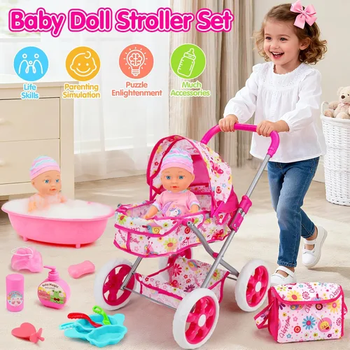 Vista 2 de Juego de cochecito de muñeca de bebé para niñas pequeñas de 3-5, 4, 6, 5-7, juego de muñecas con muñeca de 11 pulgadas, bañera y 20 accesorios