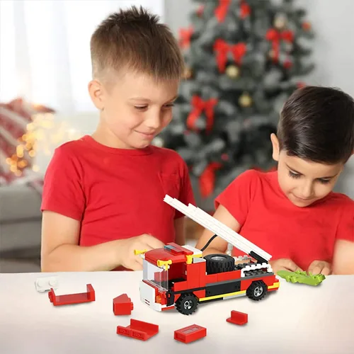 Vista 5 de Camión de bomberos de ciudad, estación de bomberos, bloques de construcción, juego de vehículos de bomberos, kit de construcción de bomberos
