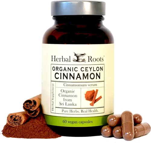Herbal Roots Cápsulas orgánicas de canela de Ceilán | Certificado USDA Orgánico - Sin OMG | 60 cápsulas veganas orgánicas
