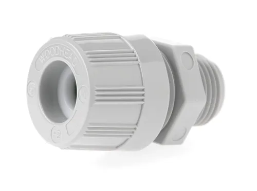 Vista 2 de Woodhead Empuñadura de alivio de tensión de cable 5536W, junta tórica, contratuerca, macho recto, sello de cable Max-Loc, tamaño de rosca NPT de 3/4
