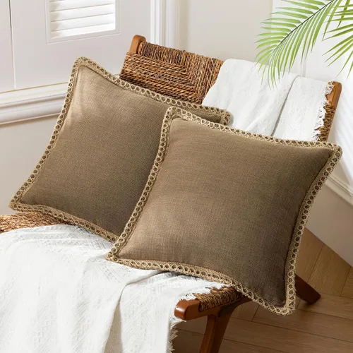 Phantoscope - Paquete de 2 fundas de almohada decorativas estilo campestre, de tela arpillera y bordes ribeteados de lino, color café, 20 x 20