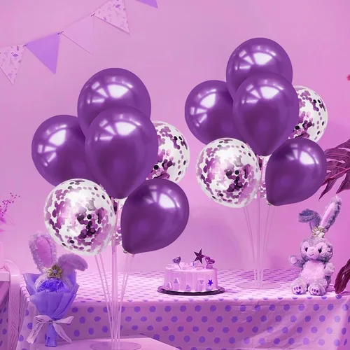 Vista 5 de Juego de 4 soportes para globos morados, centros de mesa morados, decoraciones de fiesta moradas para cumpleaños, despedida de soltera, boda