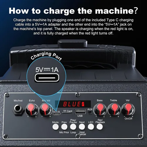 Vista 8 de Máquina de karaoke con 2 micrófonos inalámbricos, ruedas giratorias y carrito – Altavoz Bluetooth portátil de 8800 mAh, sistema PA con luces, graves