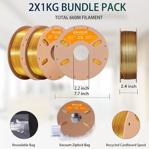 Vista 6 de ERYONE Filamento de ácido poliláctico (PLA) de seda bicolor para impresora 3D, de 1.75 mm +/- 0.03 mm, carrete de cartón de 1 kg (2.2 libras), negro