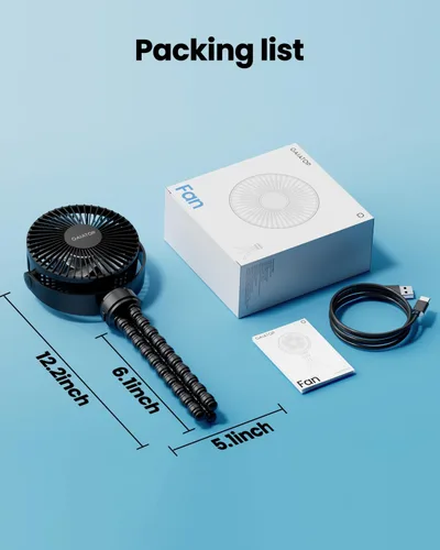 Vista 7 de Gaiatop Mini ventilador portátil para cochecito, funciona con pilas, pequeño clip, desmontable de 3 velocidades recargable, gira 360°, trípode