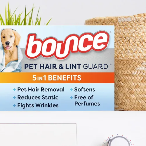 Vista 2 de Hojas para secadora de pelo de mascotas y pelusa Bounce Mega con 3X contra pelo de mascotas, sin fragancia, 130 piezas