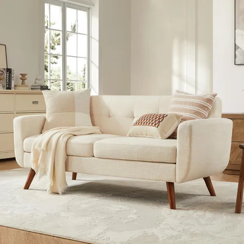 Vista 44 de Tbfit Sofá moderno de mediados de siglo, beige, sofá biplaza y silla decorativa linen fabric, button tufted, solid wood foot, pocket spring, wood