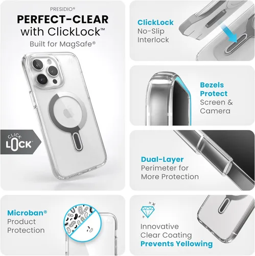Vista 3 de Speck Funda transparente para iPhone 15 Pro Max – ClickLock con bloqueo antideslizante, diseñada para MagSafe, protección contra caídas, resistente