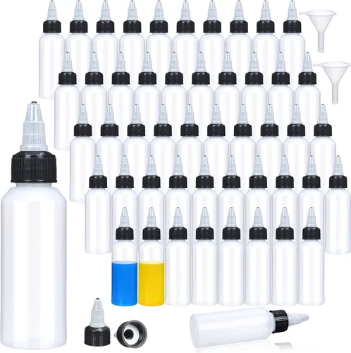 Vista 7 de Honeydak 50 botellas dispensadoras Boston de 2 onzas, botellas vacías de plástico para apretar con tapa giratoria, botellas redondas pequeñas Negro