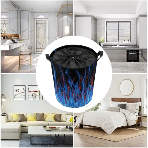 Vista 5 de Cesta de lavandería de llama de fuego azul y roja con tapa, plegable, con cordón, bolsa de almacenamiento con asa