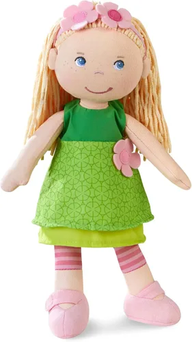 Vista 11 de HABA Coco - Muñeca de bebé suave de 12 pulgadas con pelo castaño, cara bordada, vestido verde extraíble, diadema a juego, lavable a máquina, 18