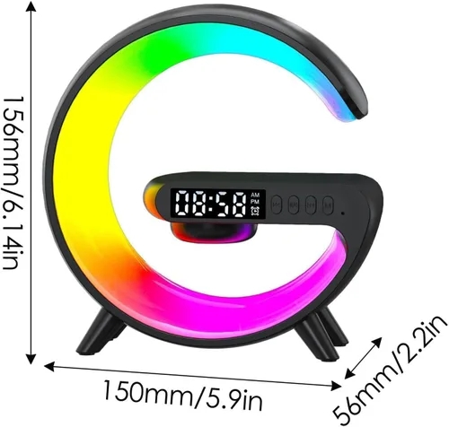 Vista 7 de Lámpara de mesa LED con cargador inalámbrico, lámpara de luz nocturna en forma de G con altavoz Bluetooth, reloj despertador de amanecer, mini