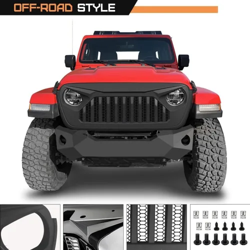 Vista 4 de Rejilla delantera Vader compatible con Jeep Wrangler JL 2018-2025 y Gladiator JT 2020-2025, sin TrailCam (negro mate)