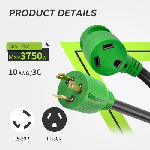 Vista 2 de RVMATE Cable adaptador de generador RV de 3 clavijas de 12 pulgadas, 30 amperios a 30 amperios, certificado ETL, STW 10/3, enchufe macho L5-30P a