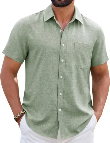 Vista 10 de Camisa de lino para hombre, de manga corta, sin arrugas, casual, sin pliegues, con botones, para playa, transpirable, para verano