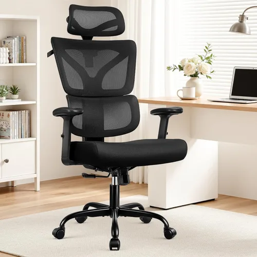 Vista 9 de Silla de Oficina Ergonómica de Respaldo Alto Silla de Escritorio con Soporte Lumbar, Silla de Computadora de Malla Transpirable con Reposabrazos