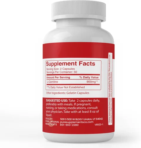 Vista 3 de PURE ORIGINAL INGREDIENTS L-carnitina, (100 cápsulas) siempre pura, sin aditivos ni rellenos, verificado por laboratorio