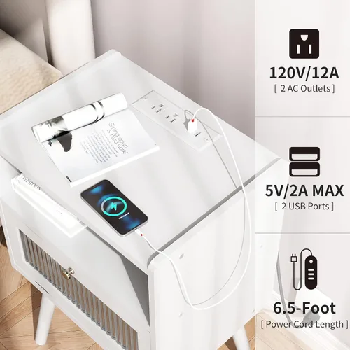 Vista 86 de Mesita de noche moderna de mediados de siglo con estación de carga, mesitas de noche con cajón de cristal, mesa auxiliar con espacio