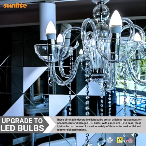 Vista 4 de Sunlite Bombilla LED B13 Torpedo decorativa, 7 vatios (60 W = ), 500 lúmenes, 120 voltios, regulable, base E26, 90 CRI, certificación ETL, torpedo