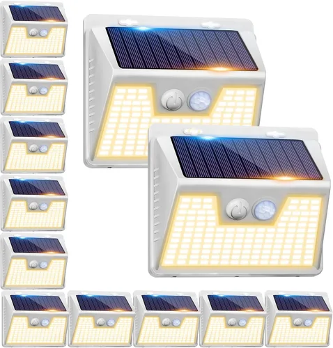 Vista 32 de Peasur Luces solares con sensor de movimiento para exteriores, paquete de 2 140 luces LED para valla, impermeable, marco blanco, iluminación