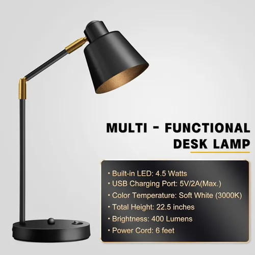 Vista 5 de Lámpara de escritorio LED con dos puertos de carga USB, 100% metal, brazos giratorios de 270°, luz blanca suave (3000 K), lámpara de lectura de Negro