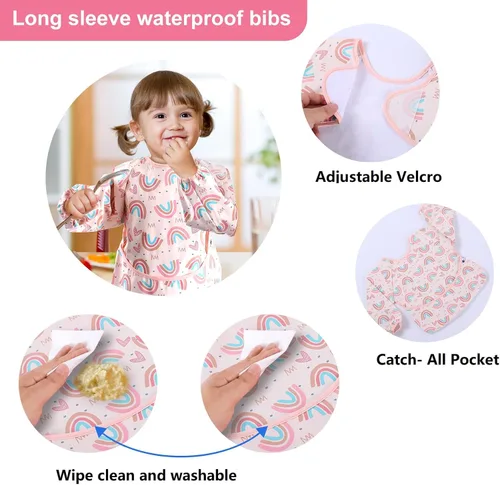 Vista 8 de SPINFOX Paquete de 2 batas de bebé para comer, babero a prueba de desorden, baberos impermeables para bebés de 6 a 24 meses