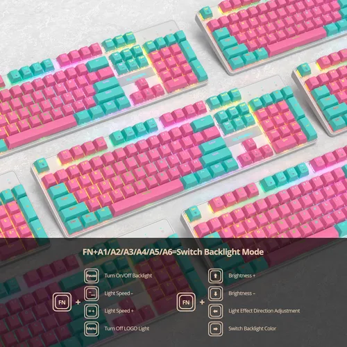 Vista 5 de Teclado RGB rosa para juegos, teclado mecánico con cable de 104 teclas con teclado numérico, interruptor rojo lineal NKRO, tamaño completo