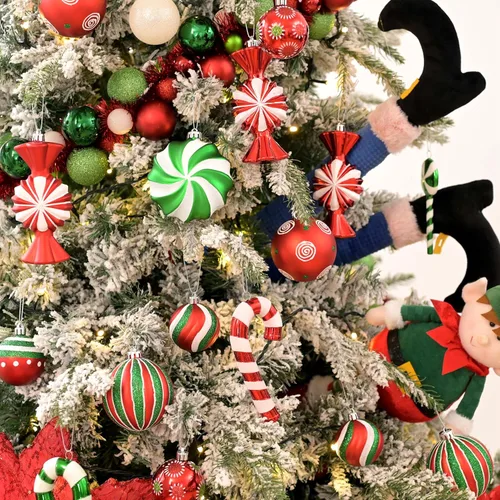 Vista 2 de Valery Madelyn Juego de adornos de Navidad, 108 unidades de bastón de caramelo rojo, verde y blanco, inastillables, adornos de bolas a granel