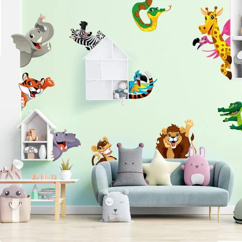 Vista 5 de Supzone Calcomanías de pared de animales de la selva, calcomanías de pared de animales de dibujos animados, elefante, jirafa, león, calcomanía