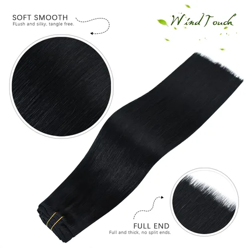 Vista 2 de WindTouch - Extensiones de cabello humano liso con pinzas, color negro azabache, 2.47 onzas, N.° 1, 12 pulgadas, 7