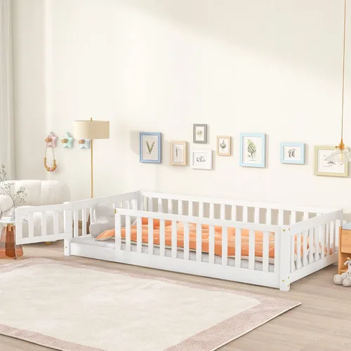 Vista 3 de Harper & Bright Designs Cama de suelo individual para niños, marco de cama Montessori con valla y puerta, cama de plataforma individual de madera