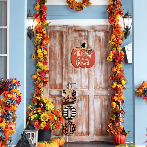 Vista 5 de Jetec Decoración de Halloween, letrero de abucheo para puerta delantera, decoración de otoño, decoración de otoño, letrero de calabaza de madera