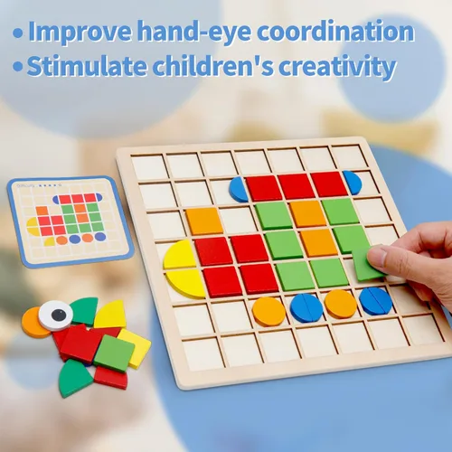 Vista 3 de Montessori Tangram Educativo, Juguetes de Rompecabezas de Formas Geométricas con 120 piezas de Bloques de Rompecabezas de Madera y 20 piezas